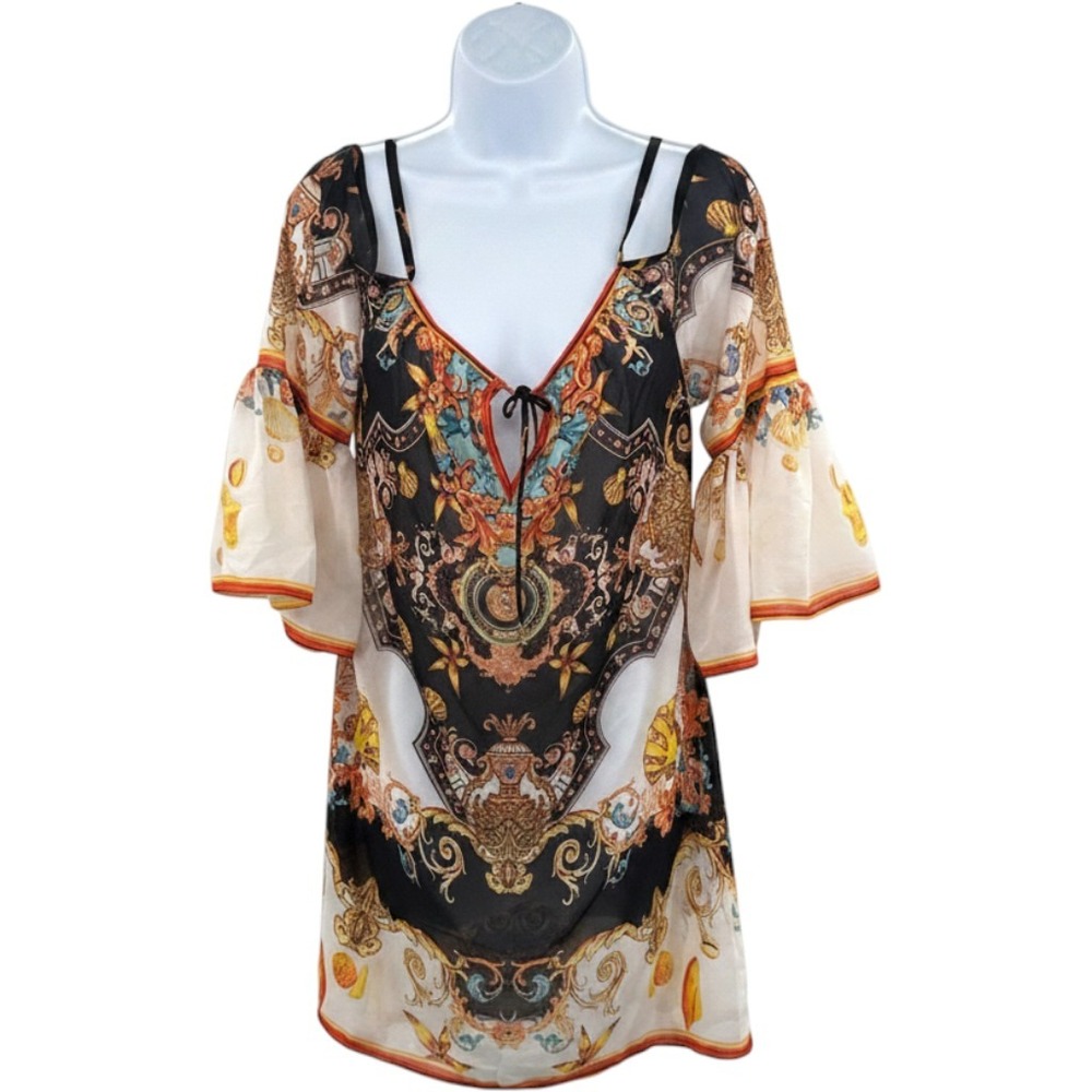 Baroque Nautical Print Cold Shoulder Tunic Top Bell Sleeve Gold Black Cream